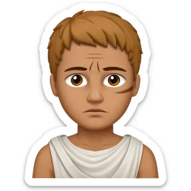 Emoji portrait of a Roman slave. Plain tunic, scar on the face, downtrodden expression. sticker