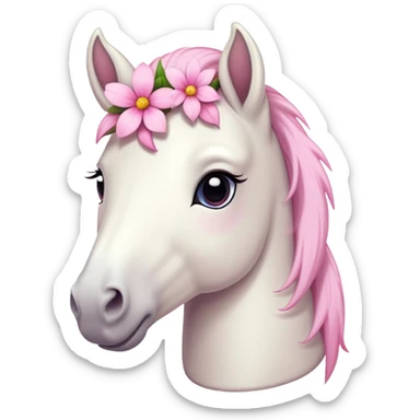 Une tête de poney blanc avec des fleurs rose sur la tête  sticker