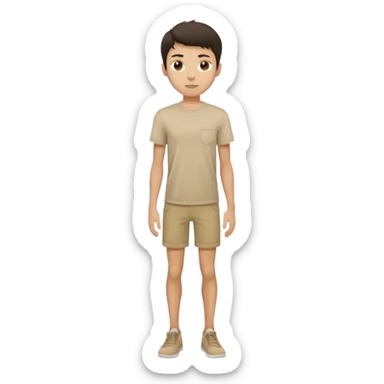 rapaz magro cabelo escuro, camiseta bege e  bermuda bege escuro, em pé de corpo inteiro  sticker