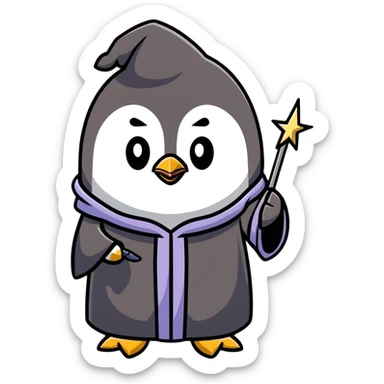penguin wizard with a starry robe and wand sticker