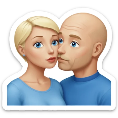 middle aged bald man with salt and blonde scruff, blue eyes and blonde woman with blue eyes kissing each other sticker