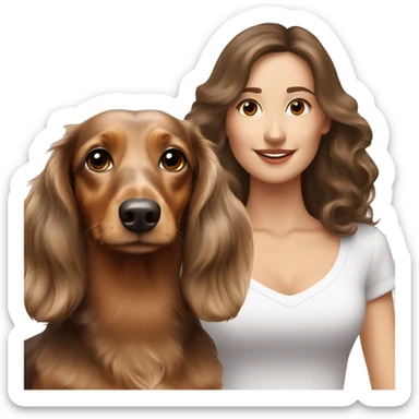 Two Tri Merle long haired Dachshunds together with brown haired woman  sticker