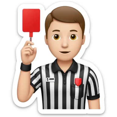 referee emoji, apple style, holding a red card, black and white striped shirt, whistle sticker