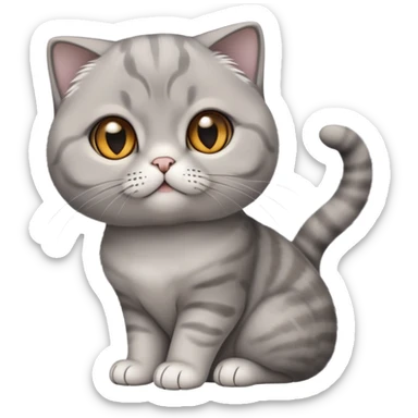  Cinematic-Scottish-Fold-Cat-Realistic-Full-Body-Sitting-Emoji – Tail curled playfully around its paws, head tilted dramatically, soft solid grey fur, signature folded ears adding to its distinctive charm, simplified yet realistic focused features, highly detailed, glowing with an almost sarcastic glow, round amber eyes radiating intelligence and mischief. sticker