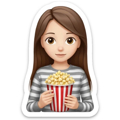 girl with straight long hair, striped light sweater, gray gray eyes, holding popcorn in her hands sticker
