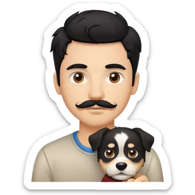Young man with a light skin tone, messy black hair, a moustache and a pet dog sticker