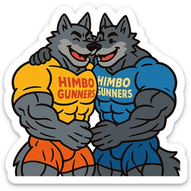 two extremely muscular wolf furries with exaggerated muscles, wearing t-shirts that say 'Himbo gunners', hugging each other, friendly and joyful expressions, highly defined physiques sticker