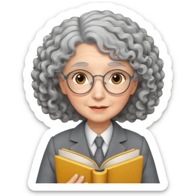 elderly female, curly hair, holding book, wearing gray suit sticker