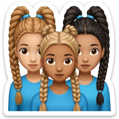 3 black teenage girls. One with shoulder length long curly hair and a little light skinned. One with Carmel skin with two long straight ponytails. One a little darker with 6 straight back braids going into buns in the back sticker