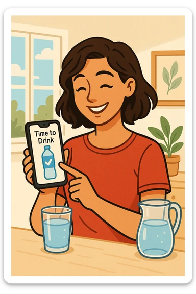 Donna che usa App per ricordarsi di bere, altrimenti non beve mai in italiano sticker