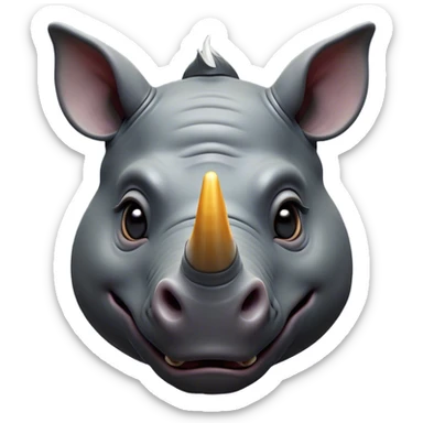 Cinematic Comical Rhinoceros Portrait Emoji, Head tilted dramatically with an exaggeratedly amused expression, featuring a striking, glossy slate-gray hide with a boldly textured horn, wide, expressive eyes filled with playful disbelief, Simplified yet hilariously expressive features, highly detailed, glowing with a slightly sassy glow, high shine, dramatic yet playful, stylized with an air of cheeky wild mischief, bright and endearing, soft glowing outline, capturing the essence of a spirited and over-the-top rhinoceros, so meme-worthy it feels like it could charge its way into internet fame instantly! sticker