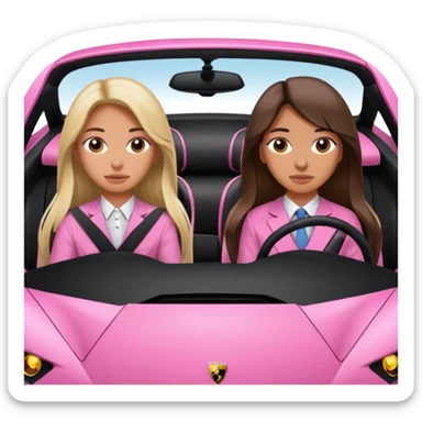 Make car far away so I can see full car Car facing forward in sports car. Make hair long  two girls in car far away Front of car sitting in the seats. Make it a pink sports car. They are two baddies make it a Lamborghini pink car  sticker