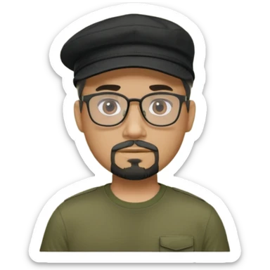 hombre trigueño , barba candado negra y blanca, anteojos, gorra negra , remera tactica verde oliva sticker