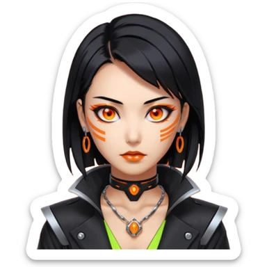 Cyberpunk Japanese woman, mid-50s looking young, sharp features, sleek black hair, glowing orange eyes, expensive tech jewelry, vengeful expression, neon highlights, dark background. sticker