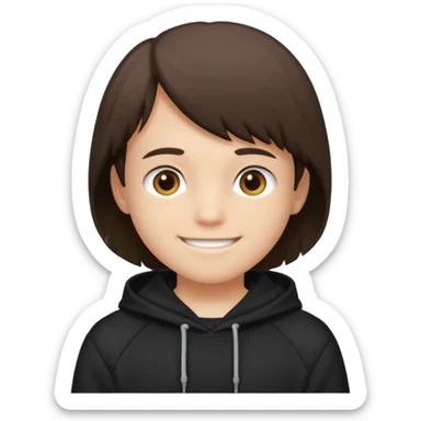 A brunette boy, short straight hair, light brown eyes, with a black sweatshirt with a hoodie, and smile  sticker