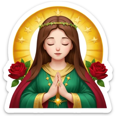 Virgin Mary with a kind face looking down to the left, long brown hair, wearing an emerald green robe with gold stars, burgundy red dress, hands in prayer, halo around her head, standing in front of a big sun, colorful roses on the sides sticker