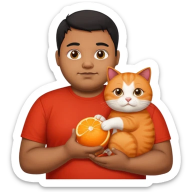Indian black chubby guy with black hair in red t-shit with orange cat sticker