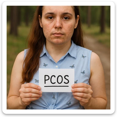 Realistic woman with PCOS inspired by the reference photo, face with acne, facial hair on chin, thinning hair, similar clothing, natural environment, hyperrealistic 4K details. sticker