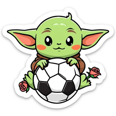 baby yoda kicking a soccer ball with small roses beside him sticker