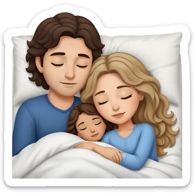 Man with dark brown wavy hair and woman with long dark blond hair in bed cuddling and sleeping  sticker