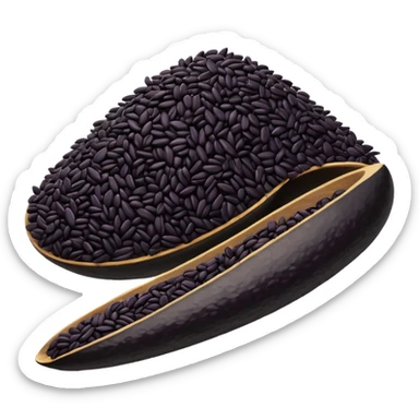 loose scatter of uncooked black rice grains, glossy elongated shape, deep purplish-black color, smooth slightly curved surface, subtle natural variations in tone, soft lighting, subtle shadows, emoji scale sticker