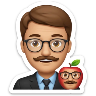 2D apple emoji style man with light skin, brown hair, mustache, glasses, winking sticker