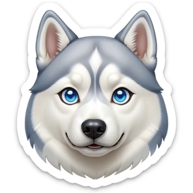 Cinematic Noble Siberian Husky Portrait Emoji, Poised and regal, with a strong, athletic build and a thick, well-groomed grey and white coat, piercing icy blue eyes, Simplified yet sharp and sophisticated features, highly detailed, glowing with a cool, dignified glow, high shine, intelligent and spirited, stylized with an air of endurance, focused and attentive, soft glowing outline, capturing the essence of a watchful and commanding sled dog, so majestic it feels as though it could sprint out of the screen with effortless authority! sticker