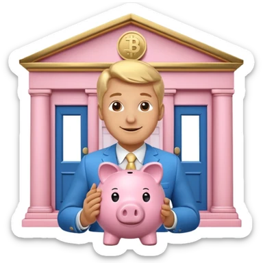 A clean emoji-style icon: A piggy bank with a coin, placed in front of a small bank building. The bank symbolizes company pension and financial security. Rounded forms, flat colors, minimal details like a standard emoji. sticker