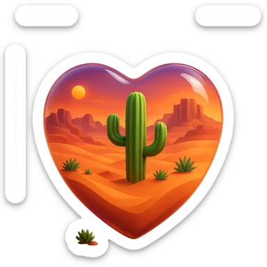 Add a glowing sunset inside the glass heart, with a sky of orange, pink, and purple hues above the desert landscape. Keep the glass effect and no background. sticker