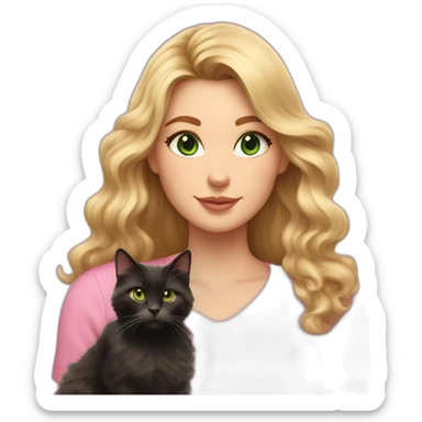 woman with green eyes and long wavy blonde hair and big boobs in a pink shirt is holding a very fluffy and fat black and tortoiseshell cat sticker