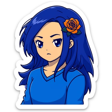 head portrait of anime girl with long dark blue hair, blue rose in hair, intense glaring blue eyes, dramatic JoJo's Bizarre Adventure style expression, sharp angular features, extreme close-up, dynamic pose sticker