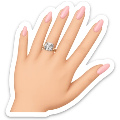 Edit the image to depict a woman's hand with 5 fingers, long light pink nails, and an engagement ring, in an emoji style with a transparent background. sticker