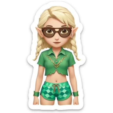 elf female legolas portrait, patterned board shorts (geometric/abstract), unique wooden-framed sunglasses, undercut hairstyle, slight smirk, visible pointy ears, no background, centered emoji, hipster summer vibe coctails  sticker