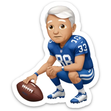 A grandpa playing football wearing an Indianapolis Colts jersey is. Show him kind of crouch down to the ground, holding the football and show the name rivers on the back of his jersey. sticker