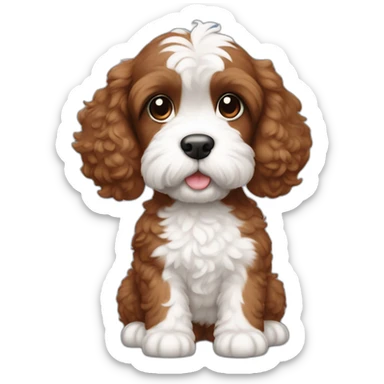 Full body reddish brown baby cockapoo with white patch on chest sticker
