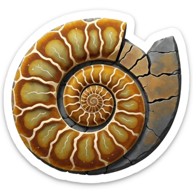 3D render of Ammonite, embedded in a chunk of rough sedimentary rock, cracked stone texture, ancient fossil aesthetic, embedded in dark grey slate stone, matte dry finish, Apple emoji style, isolated on white background --v 6.0 sticker