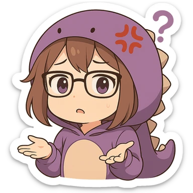 Chibi anime style gamer girl with glasses, brown hair, dark purple eyes, wearing a purple dinosaur costume, making a confused emote, no controller, same style as reference, no background. sticker