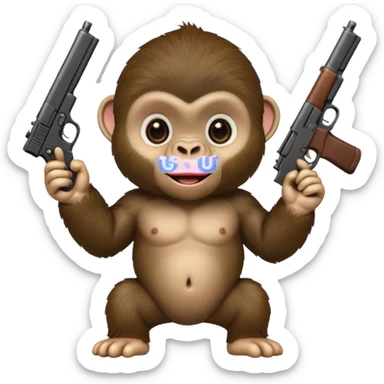 A baby gorilla holding a gun in the air sticker
