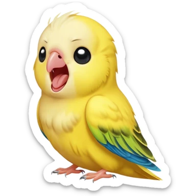Cinematic Cute Yawning Yellow Budgie Portrait Emoji, Head tilted slightly with a dramatic, wide-open yawn, showcasing a soft, downy yellow feathered fur with gently drooping wings, round dark eyes barely open in drowsy contentment, Simplified yet irresistibly adorable features, highly detailed, glowing with a soft, cozy glow, high shine, relaxed yet expressive, stylized with a touch of whimsy, bright and endearing, soft glowing outline, capturing the essence of a sleepy yet affectionate budgie, so drowsy it feels like it could stretch out of the screen and curl up for a nap! sticker