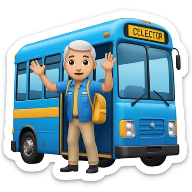 3D emoji of a Peruvian bus fare collector (“cobrador”), leaning out of a urban blue bus. door calling passengers, dynamic pose, urban street vibe, vibrant colors, bold outlines, sticker illustration, transparent background sticker