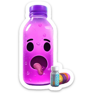 A pink baby bottle with purple sparkly liquid with ice, labeled "GOOGOO ZAZA" and pills left by trash in apartment with floor to ceiling windows in sci-fi city streets, dark, neon, ultra realistic, glossy, after rain, sunshine, vhs sticker