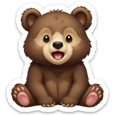 Cinematic Cute Yawning bear cub Portrait Emoji, Head tilted slightly with a dramatic, wide-open yawn, showcasing a soft, plush dark brown fur with drooping ears, round eyes barely open in drowsy contentment, Simplified yet irresistibly adorable features, highly detailed, glowing with a soft, cozy glow, high shine, relaxed yet expressive, stylized with a touch of woodland charm, bright and endearing, soft glowing outline, capturing the essence of a sleepy yet affectionate bear cub, so drowsy it feels like it could lumber out of the screen and curl up for a nap! sticker