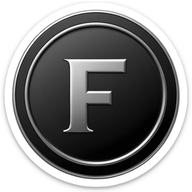 Emoji icon of a black coin with engraved letter F, minimalist style, isolated, only black color sticker