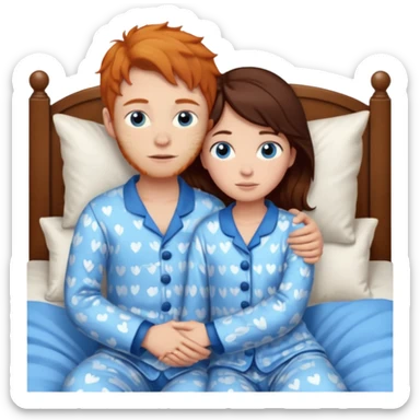 Ginger boy hugging girl with very dark brown hair. Both have blue eyes. They are in bed.  sticker