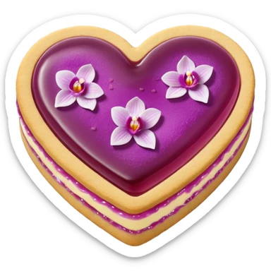 Realistic shortbread cookie in the shape of a heart with orchid color jelly middle filling and sprinkled powder sugar on top. sticker