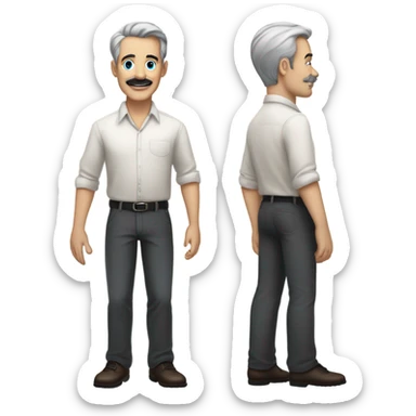 a white man standing  with blue eyes a thick dark brown and grey moustache, down turned black eyebrows and then dark grey hair he’s wearing an expensive watch and a white shirt and black dressy pants with beige loafers he’s looking at her smiling”  sticker