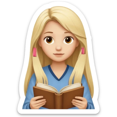 Blonde girl with long hair reading a brown book in beige set  sticker