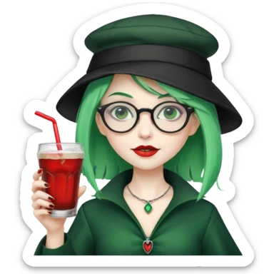 vampire green hair Drink holders with hat, wearing glasses, female sticker