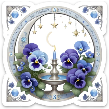 A dreamlike composition where deep and light blue pansies bloom in harmony, forming a celestial garden bathed in moonlight. A silver crescent moon dominates the sky, adorned with astrological sigils that softly pulse with energy. Suspended in the background are glowing planetary alignments, connected by delicate silver threads forming an intricate star chart. A round, pearl-colored candle, resting on an open book of cosmic wisdom, flickers with an otherworldly flame, casting symbols of the zodiac in its soft glow. Wisps of blue mist swirl around, revealing glimpses of lunar eclipses and distant galaxies, creating a scene filled with mysticism and cosmic wonder. sticker