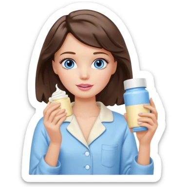 Barbie girl with makeup, blue eyes , and bob long haircut wavy, short brown hair in creamy color pajamas, face cream in hand sticker